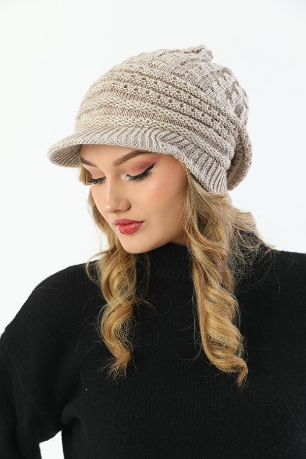 Siperli Çift Kat Taş Triko Örme Bere - 3