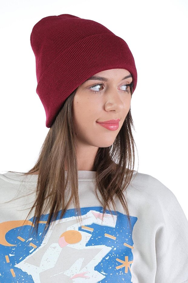 Kadın Bordo Düz Katlamalı Triko Basic Bere - 1