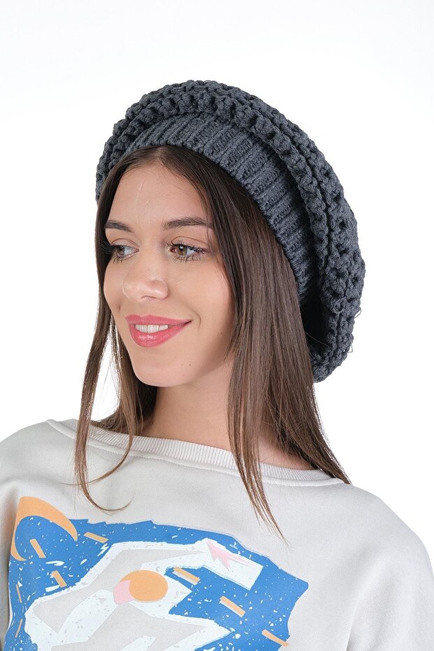 Kadın Antrasit Triko Tek Kat Ressam Bere - 3