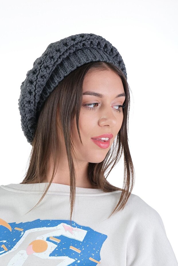 Kadın Antrasit Triko Tek Kat Ressam Bere - 4