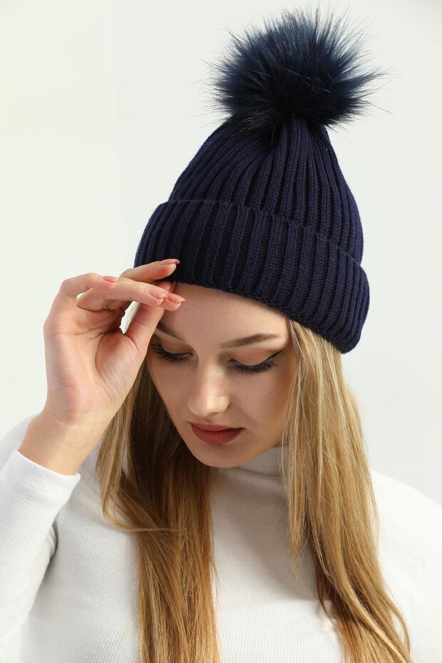Women's Winter Navy Blue Pompom Knitwear Beret