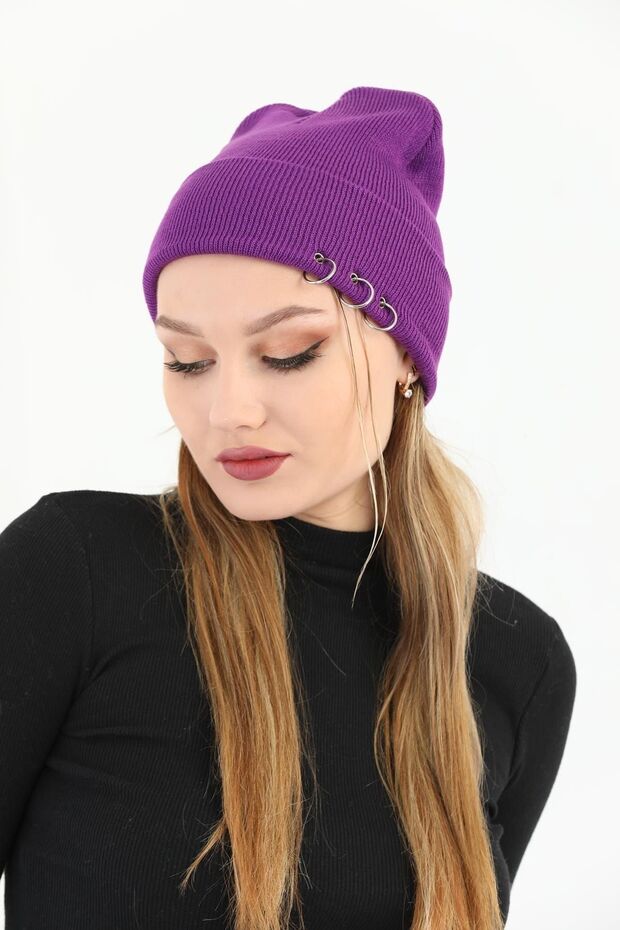 Kadın Mor Piercingli Kışlık Bere - 1