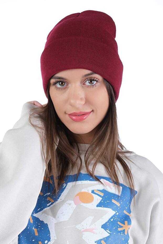 Kadın Bordo Düz Katlamalı Triko Basic Bere - 3