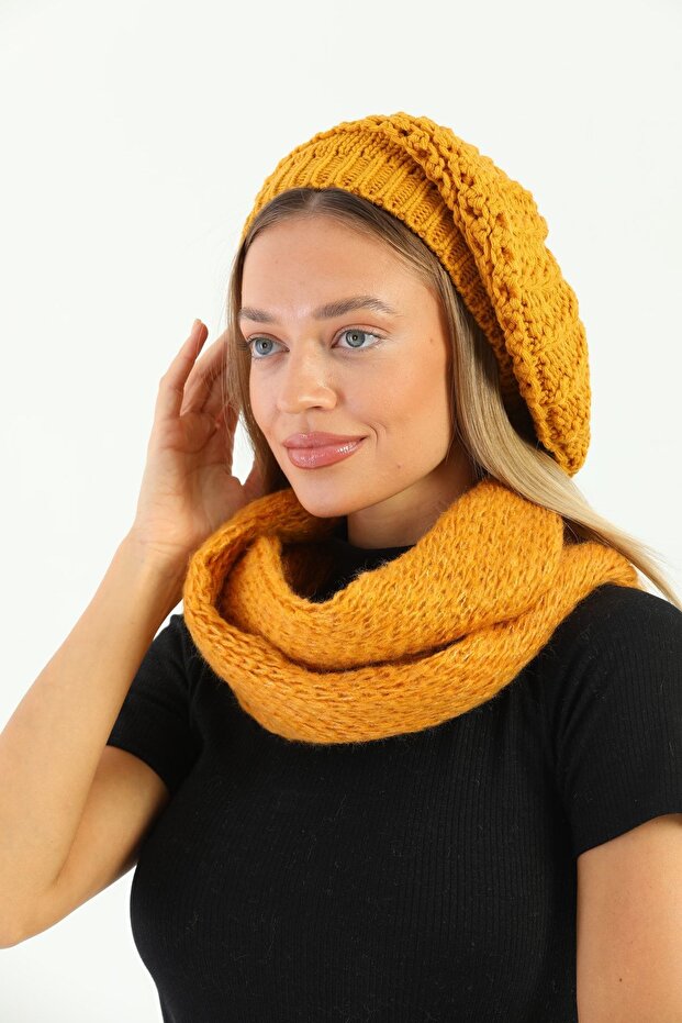 Women's Mustard Knitwear Painter Beret and Knitted Neck Collar Set