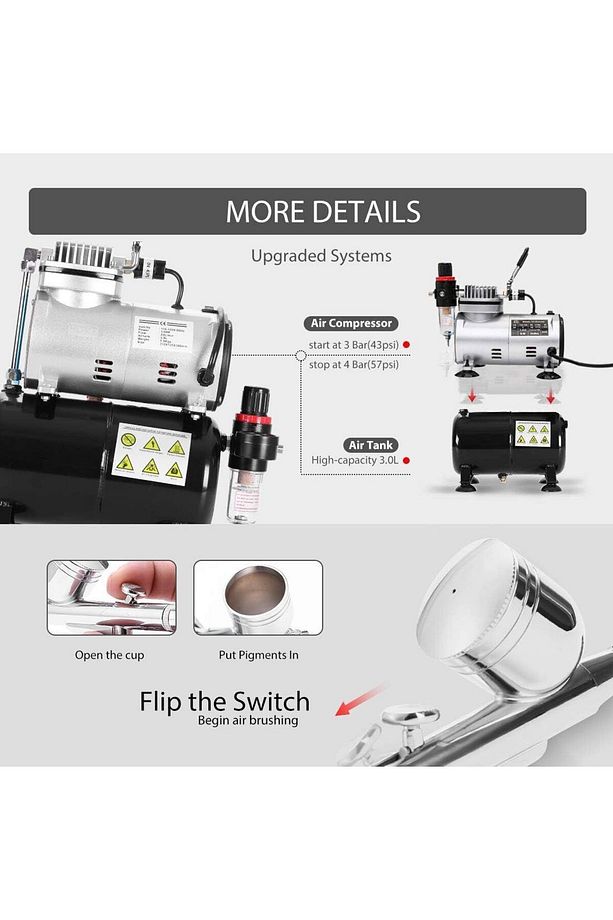 Airbrush Kompresör Komple Set Dual Action ve Single Action Airbrush Tabancaları, Başlangıç Seti - 5