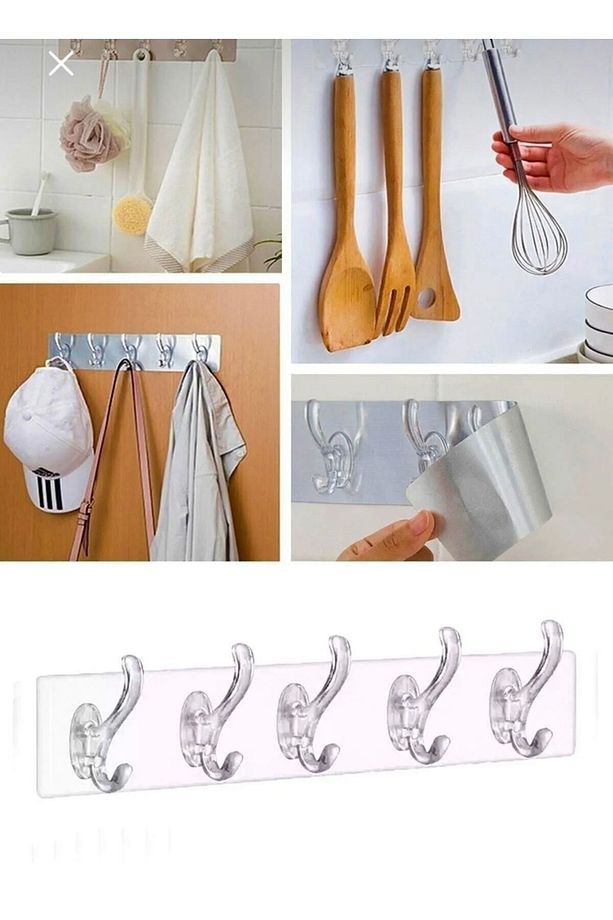 5'li Yapışkanlı Şeffaf Duvar Askısı Banyo Mutfak Düzenleyici Pratik Askılık 2 adet - 1