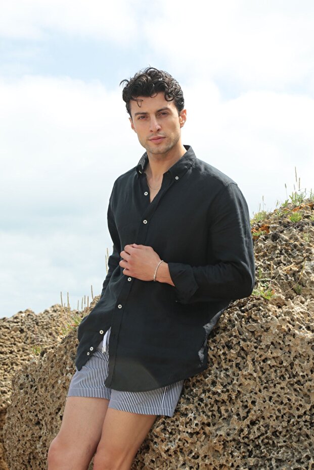 Siyah Keten Gömlek - 6