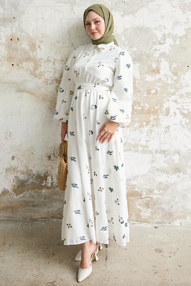 White Embroidered Shirt Collar Dress