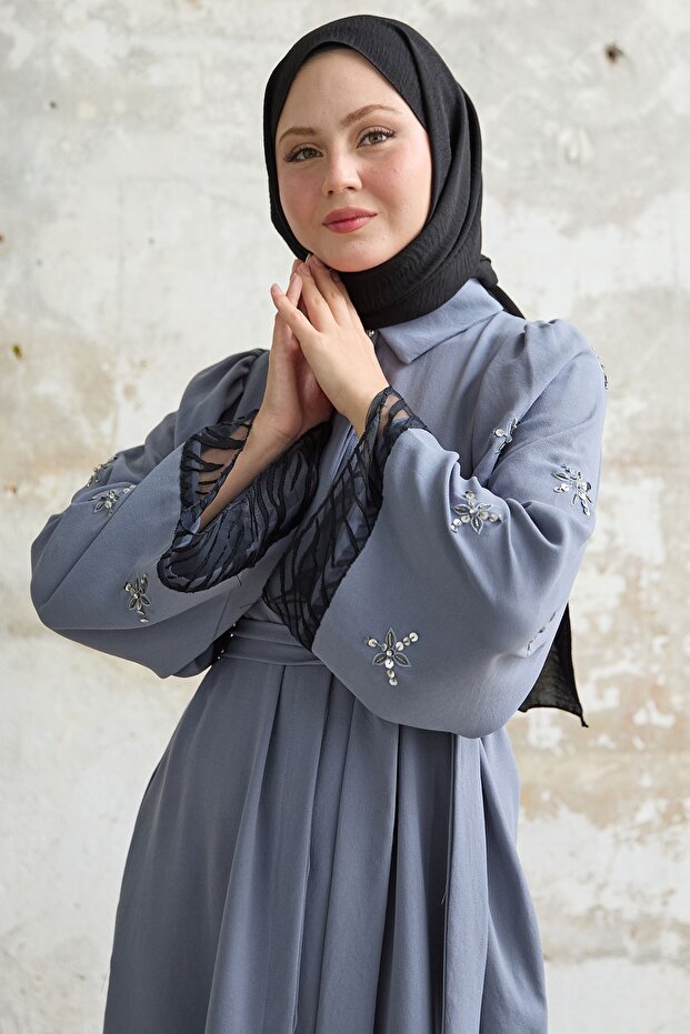 Tül Detay Pullu Gri Ferace - 2