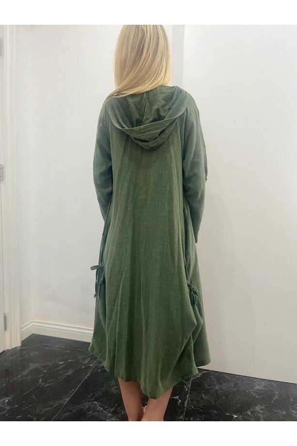 Taşlanmış Pamuk Kapişonlu Uzun Kimono - 4