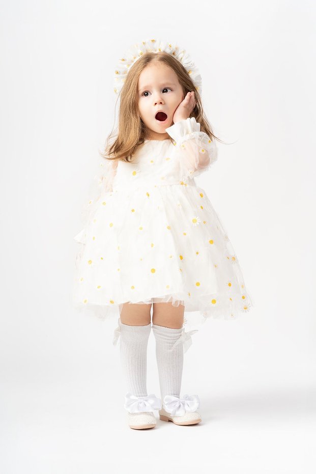 Alyssa Baby Girl Cotton Lined Daisy Print Fluffy Tulle Dress (white)