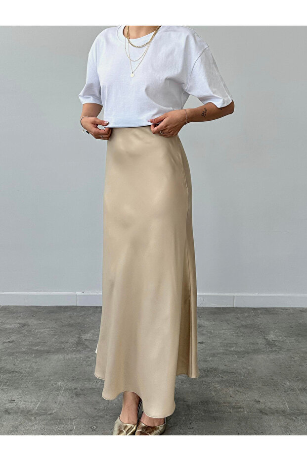 Beige Satin Skirt - Side Hidden Zipper and Elastic Waist