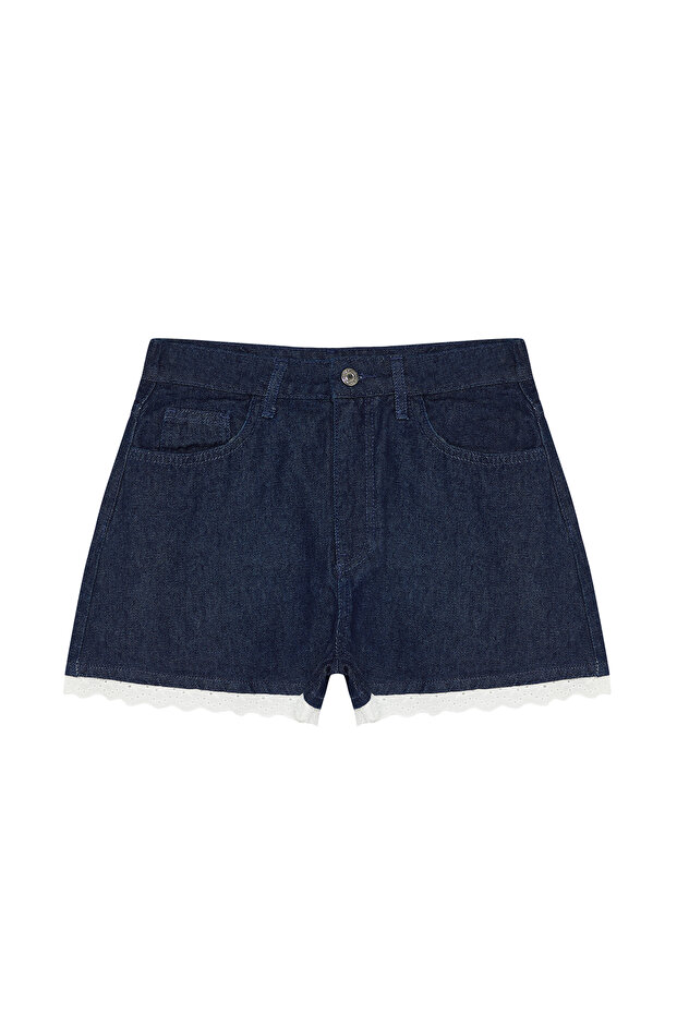 Koyu Mavi More Sustainable Paça Detaylı Yüksek Bel Denim Mini Şort TWOSS24SR00202 - 19