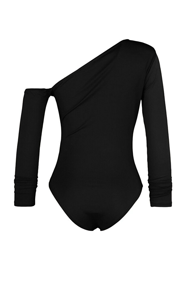 Czarny asymetryczny kołnierzyk, elastyczny dzianinowy body z długim rękawem i zapięciem na zatrzaski z przodu TWOAW22BD0080 - 9
