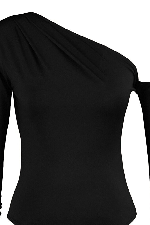 Czarny asymetryczny kołnierzyk, elastyczny dzianinowy body z długim rękawem i zapięciem na zatrzaski z przodu TWOAW22BD0080 - 10