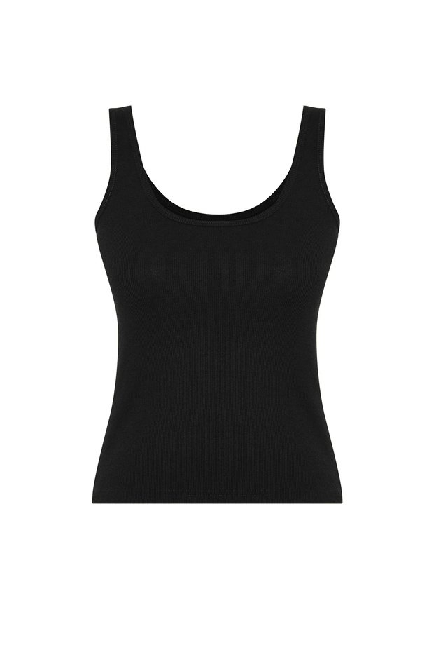 Siyah Fitted/Vücuda Oturan Havuz Yaka Fitilli Esnek Örme Atlet TWOSS22AL0042 - 8