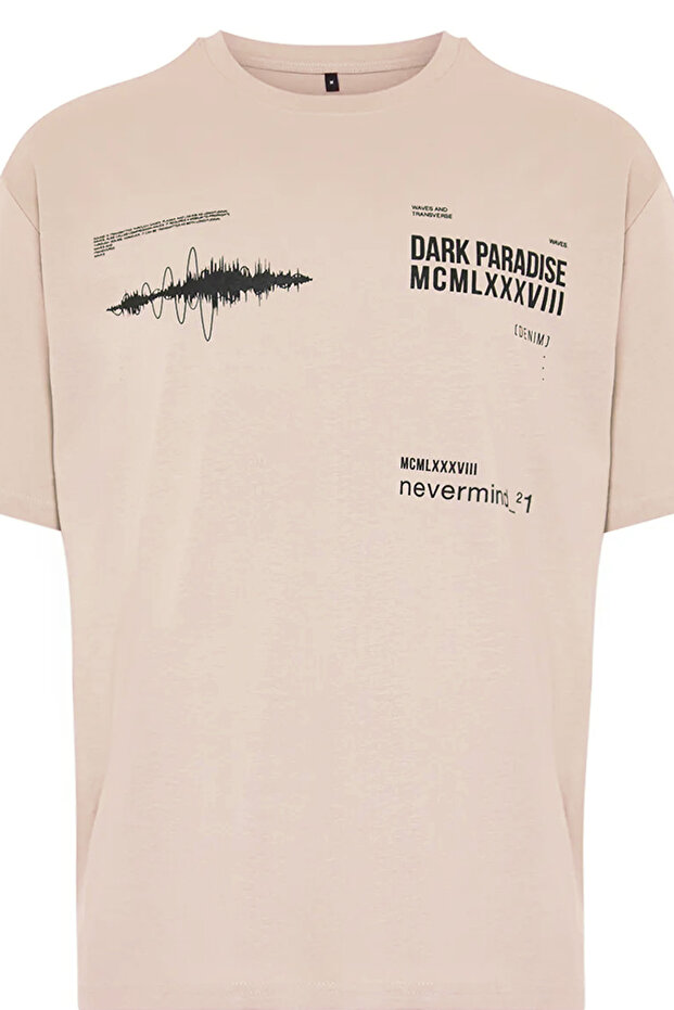 Pudra Oversize/Geniş Kesim Bisiklet Yaka Yazı Baskılı %100 Pamuklu T-Shirt TMNSS20TS1097 - 7