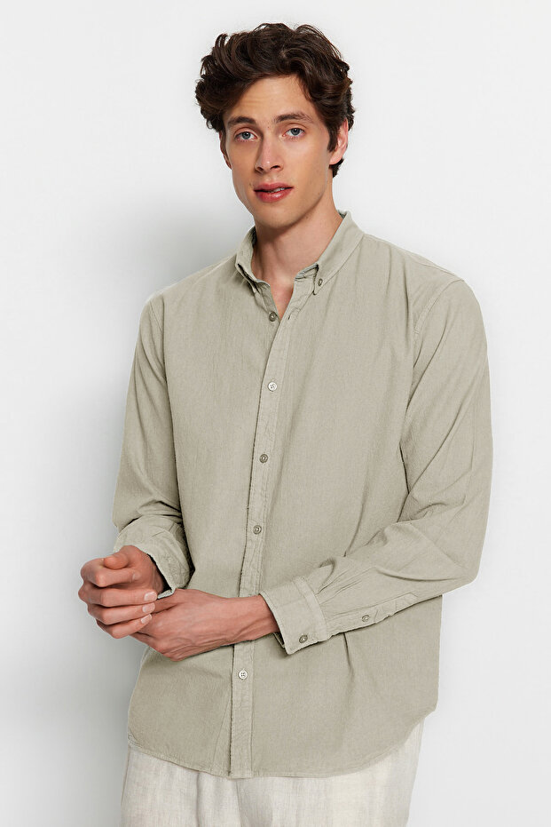 Bej Unisex Regular Fit %100 Pamuklu Keten Görünümlü Gömlek TMNSS23GO00099 - 3
