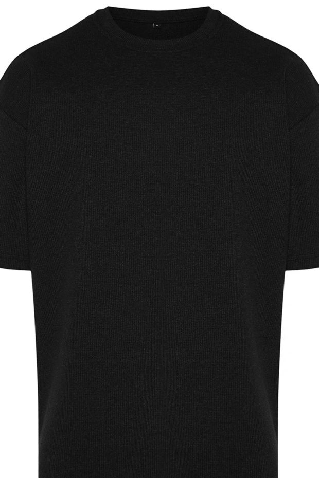 Unisex Siyah Oversize/Geniş Kesim Kısa Kollu Dokulu Basic T-shirt TMNSS22TS00049 - 9