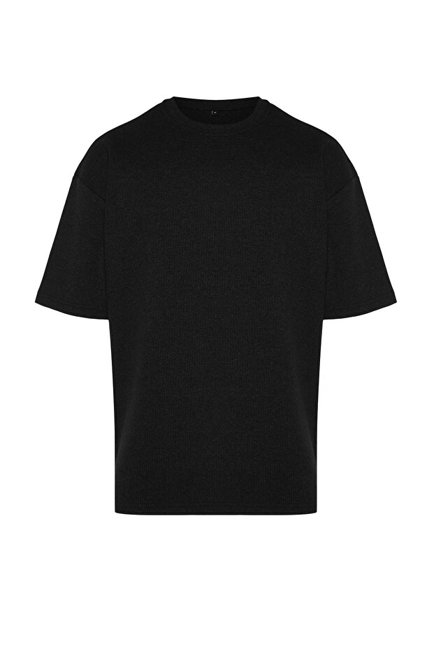 Unisex Siyah Oversize/Geniş Kesim Kısa Kollu Dokulu Basic T-shirt TMNSS22TS00049 - 10
