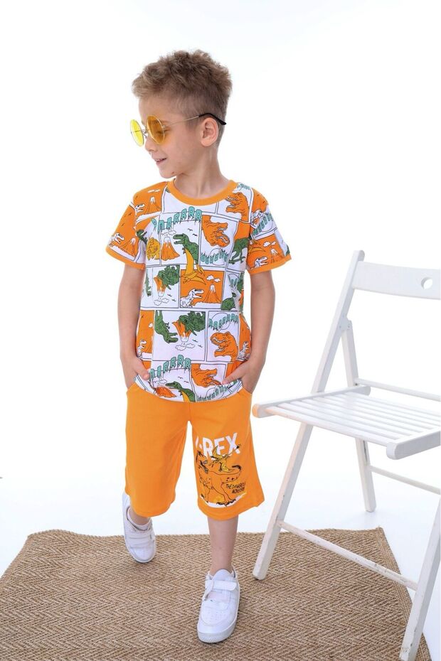 Turuncu Erkek Çocuk Dinozor Desenli T-Shirt-Şort Örme Alt-Üst Takım TKDSS24AU00027 - 3