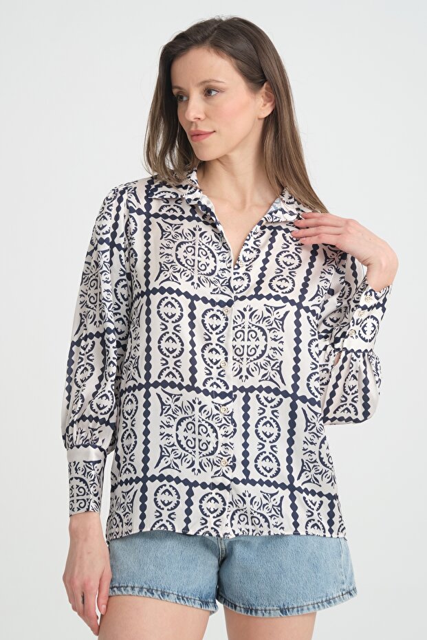 Women's Ethnic Patterned Oversize Satin Shirt with Balloon Sleeves and Drawstring Detail