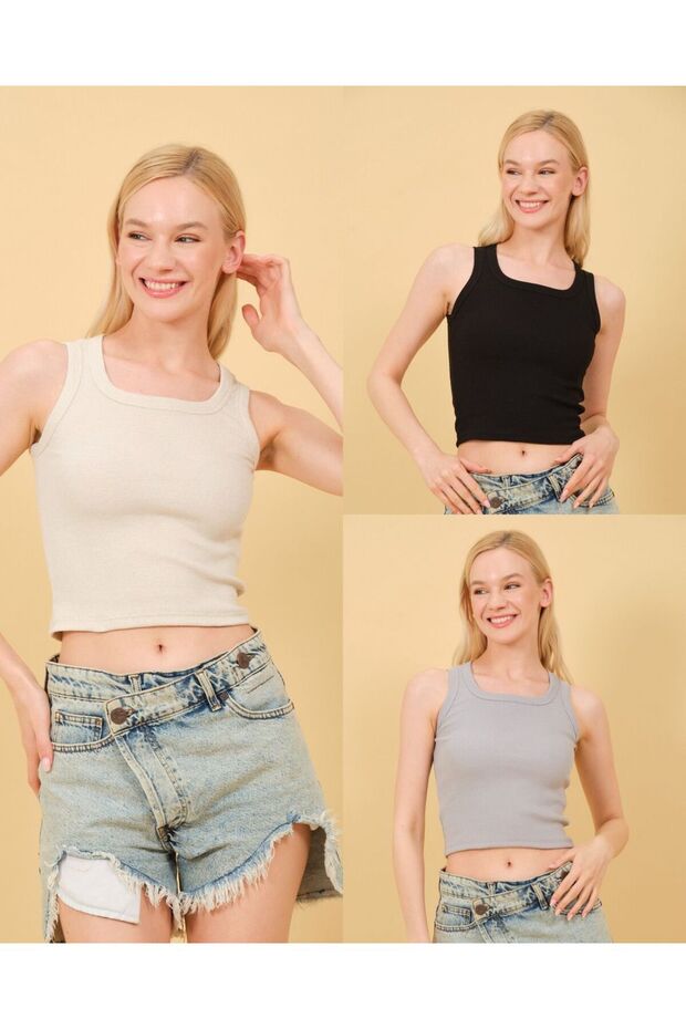 Women's 3-Pack Cream Black Gray Plain Collar Strap Crop Blouse