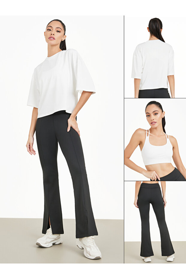 Boxy Fit Drop Shoulder Crop Top, Multi Strap Sports Bra with Back Mesh & Solid Front Flit Pants Set
