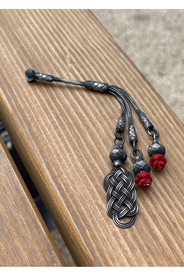 Red Rose Detailed Silver Kazaziye Triple Prayer Beads with Tassel