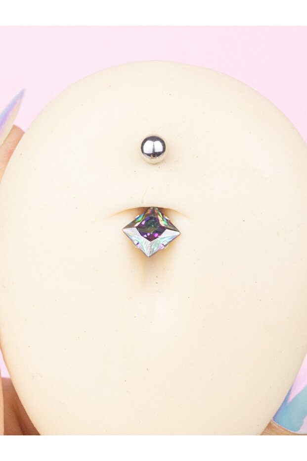 Minimal Tek Taş Kare Şekilli Çelik Belly Göbek Piercingi - 1