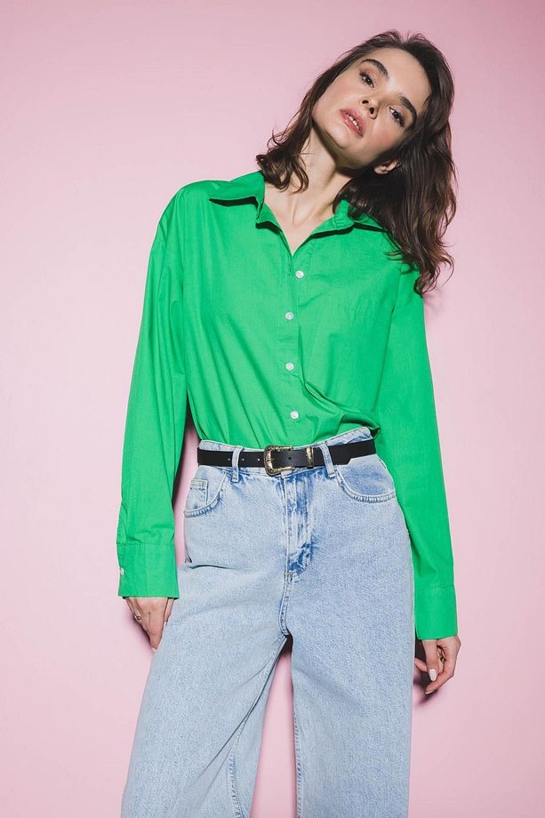 Oversize Fit Poplin Uzun Kollu %100 Pamuk Gömlek V3984az22sm - 1