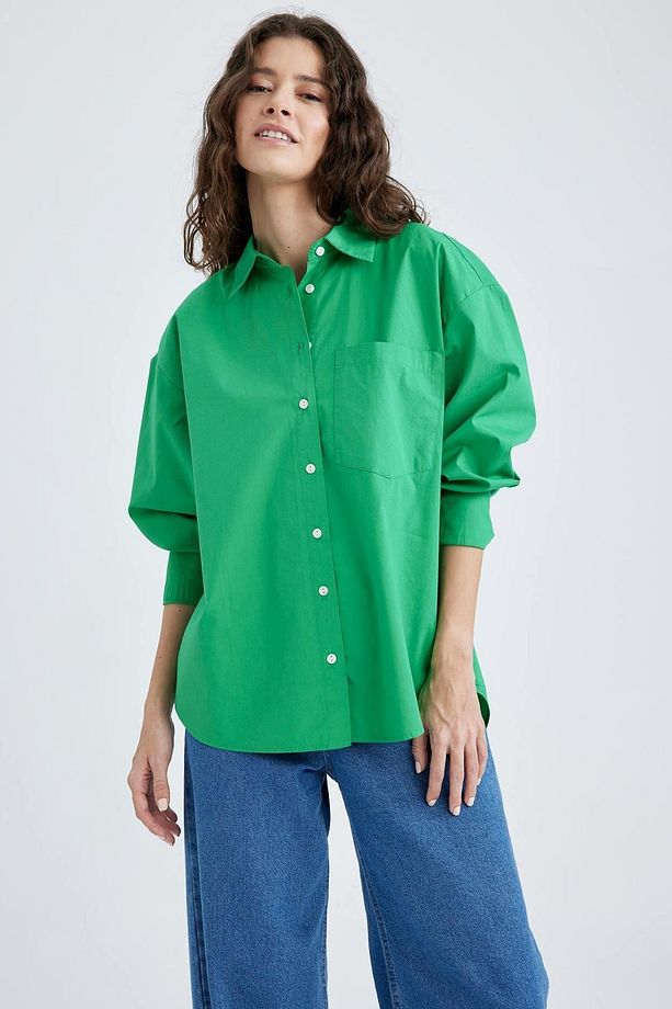 Oversize Fit Poplin Uzun Kollu %100 Pamuk Gömlek V3984az22sm - 4