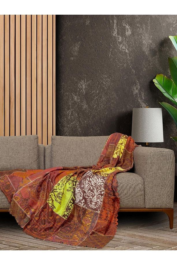 Softmicro Etnik Desenli Boho Kiremit Rengi Koltuk Örtüsü , Kanepe Örtüsü , Koltuk Şalı 180x300 - 2
