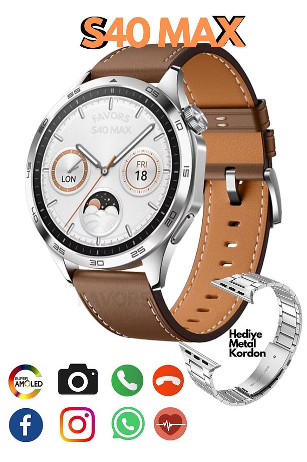 Akıllı Saat Watch Yuvarlak Ios/android Uyumlu S40 Max 2 Kordonlu Amoled - 1