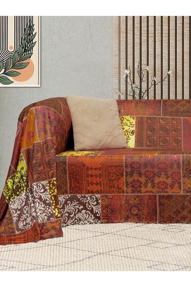 Softmicro Etnik Desenli Boho Kiremit Rengi Koltuk Örtüsü , Kanepe Örtüsü , Koltuk Şalı 180x300 - 3