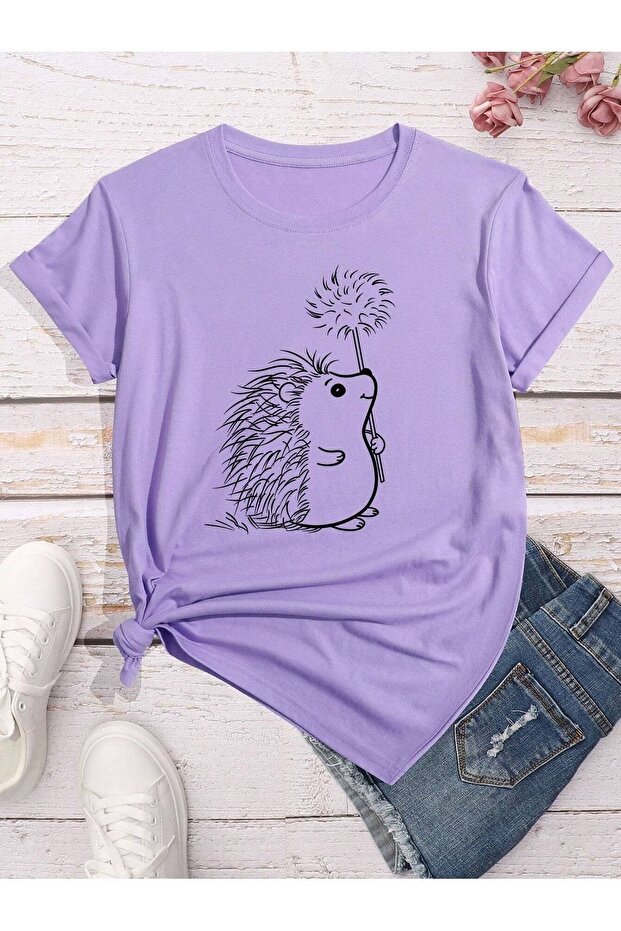 Women's Lilac Hedgehog Printed Oversize T-Shirt