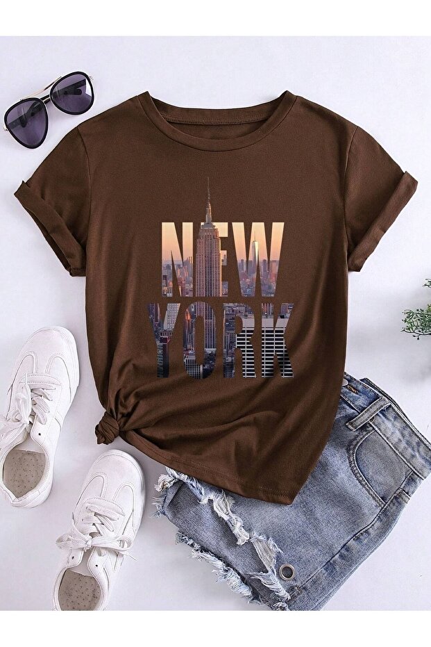 New York City Printed Unisex Oversize T-Shirt - Brown
