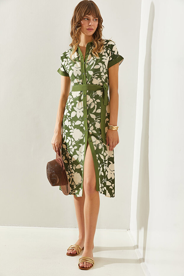 Women's Khaki Leaf Patterned Belted Buttoned Midi Length Dress 2455 60251317