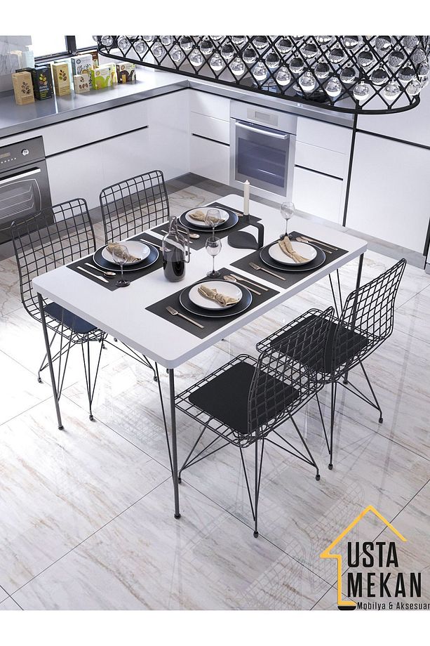 120* 60 Yemek Masa Takımı Mutfak Masası Cafe Masası 4 Adet Tel Sandalye 1 Adet Masa - 2