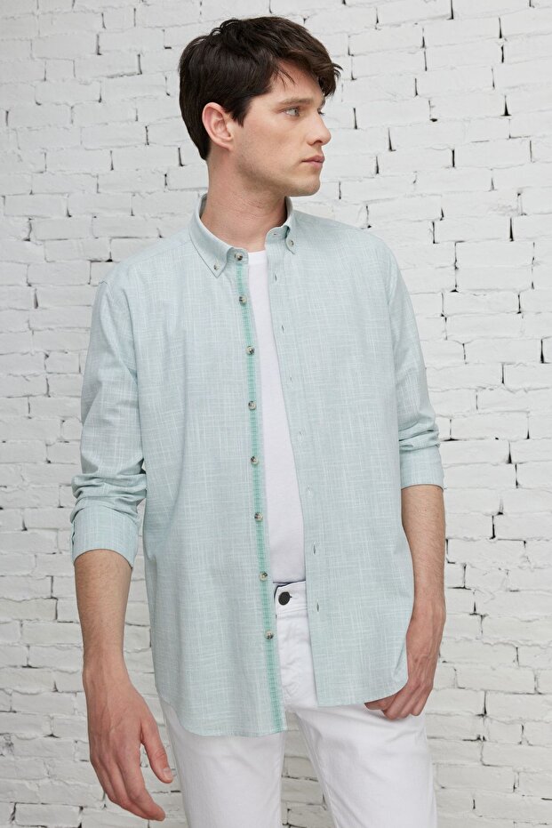 Men's Khaki Slim Fit Narrow Cut Button Collar Linen Look 100% Cotton Flared Shirt