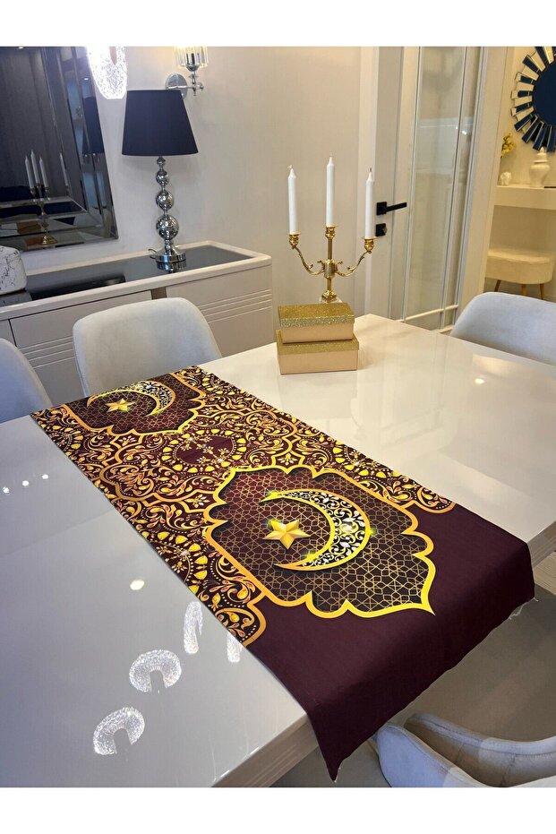 Runner Ramadan Bear Burgundy Gold 43X140Cm Ramadan Table Eid Kareem Iftar Table Mubarak Sahur