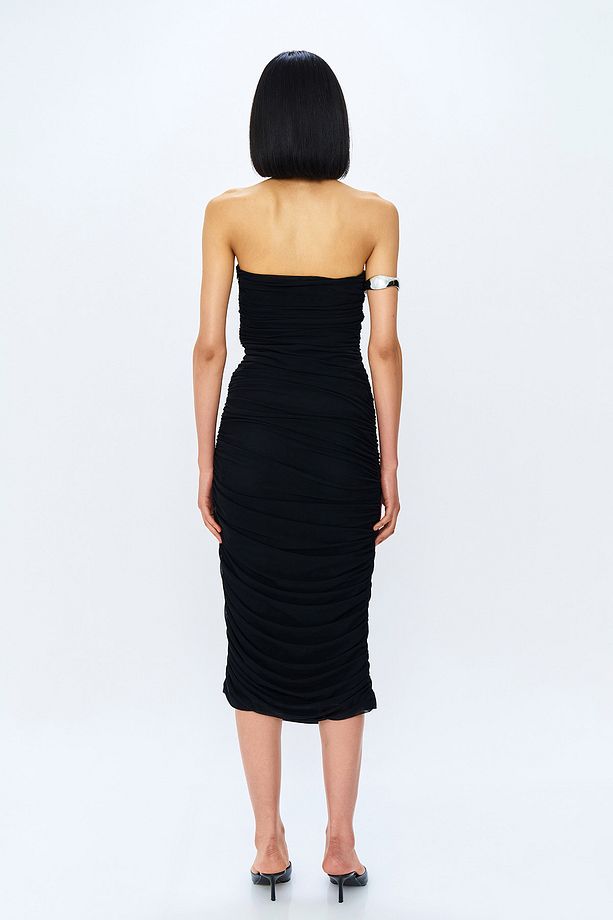 Drape Detaylı Straplez Midi Elbise Siyah - 5