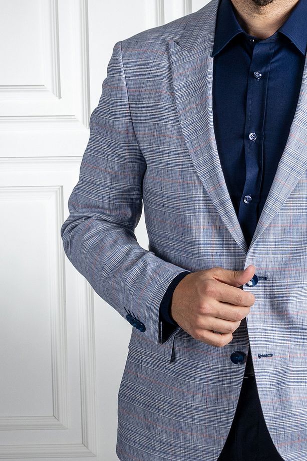 İnterview Sarar Amara Kırlangıç Yaka Slim Fit Kareli Mavi Ceket - 4