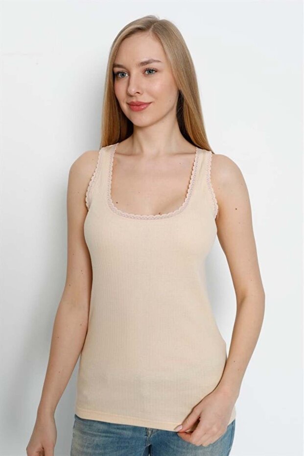 Beige Women's Thick Strap Lace Tank top 100% Cotton