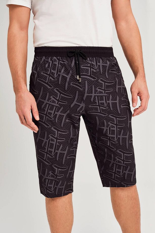 Monogram Desenli Siyah Erkek Uzun Şort - 8
