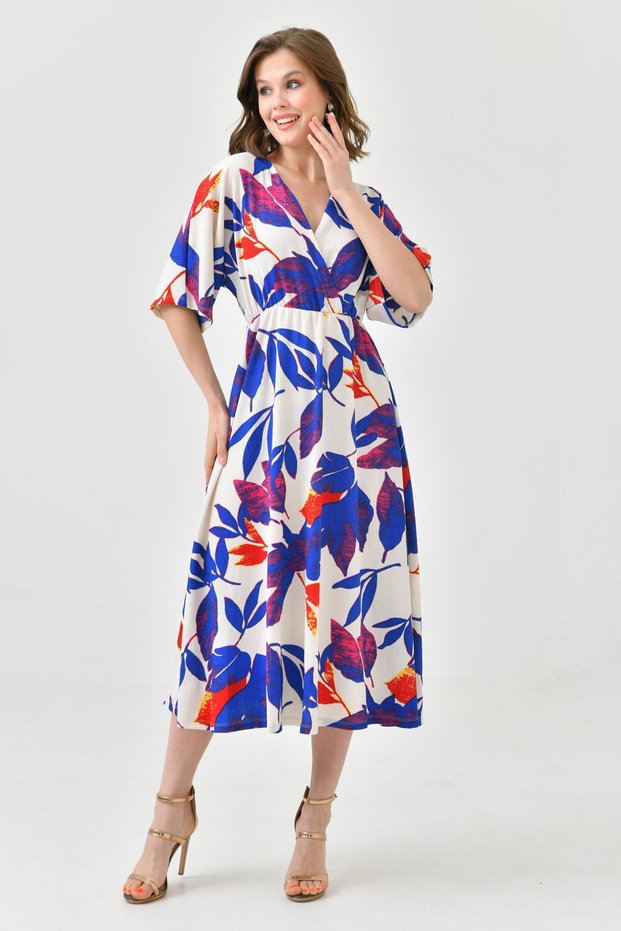 New Season Wrap Neckline Patterned Elastic Waist Batwing Sleeve Midi Summer Dress for Women 096
