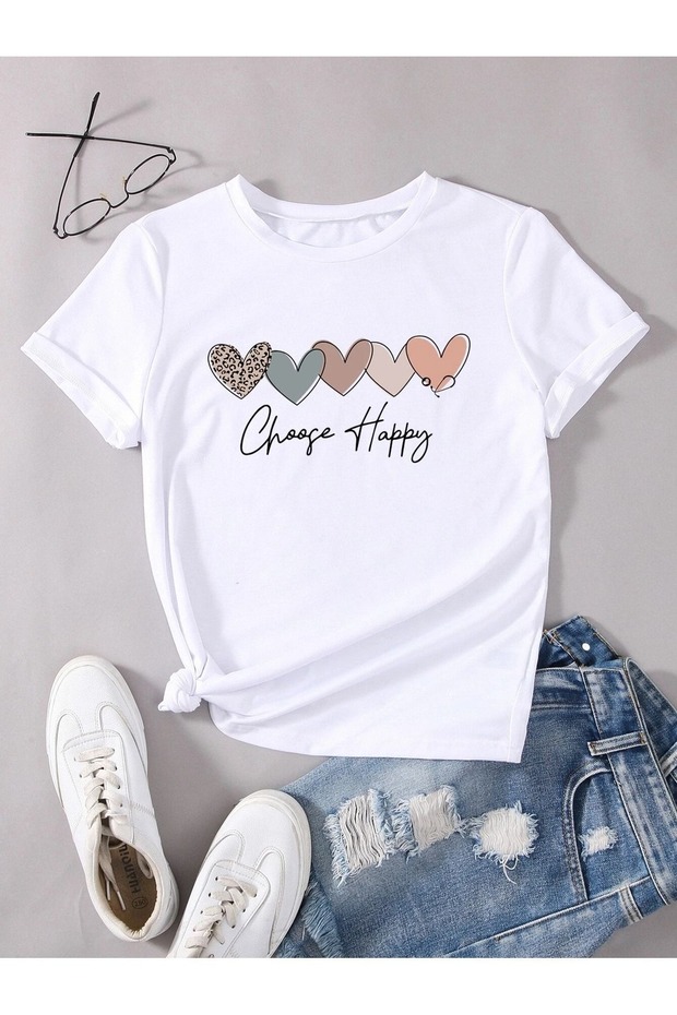 Women's White Chose Happy Printed Oversize T-Shirt
