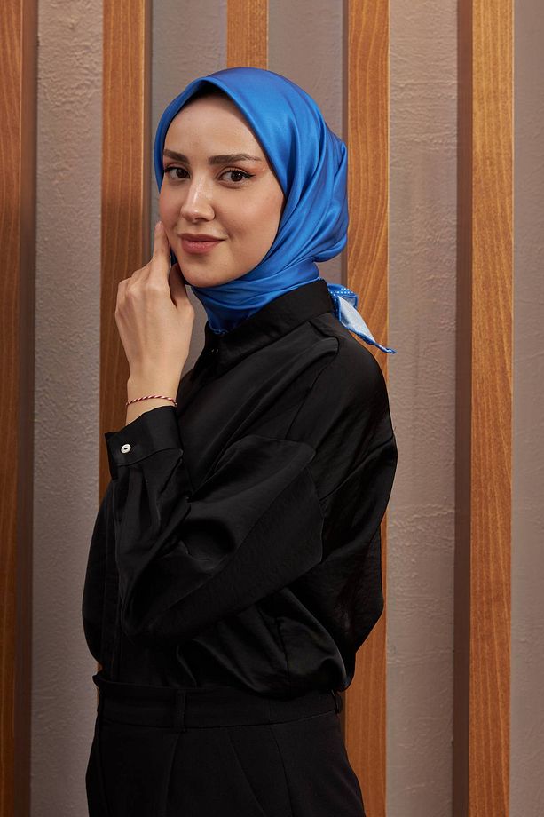 Polyester Serisi Düz Puan Desenli Sax Mavi Polyester Eşarp 8003-17 - 3