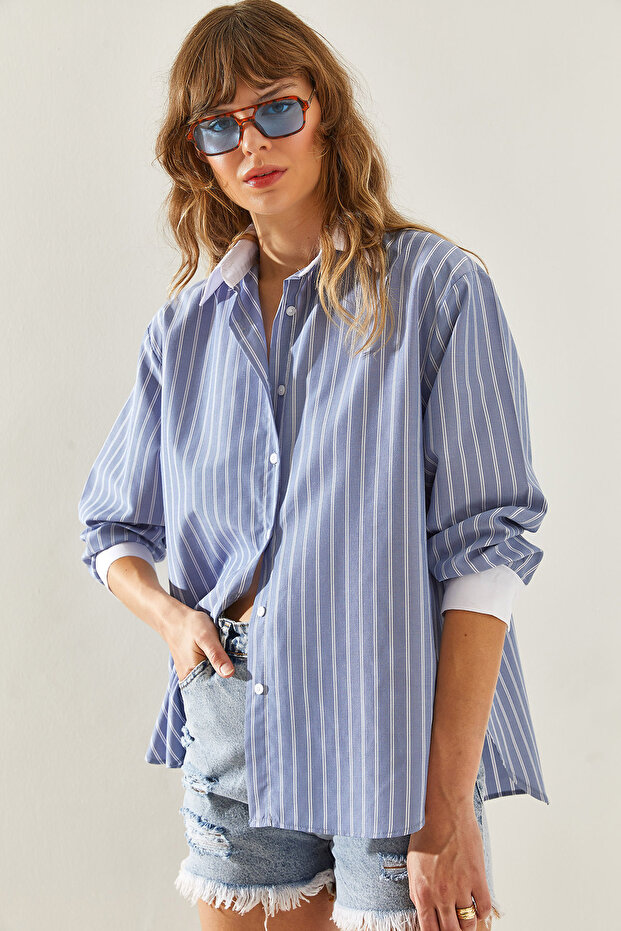 Women's Blue Cuff Collar Garni Striped Shirt 4442 60251327