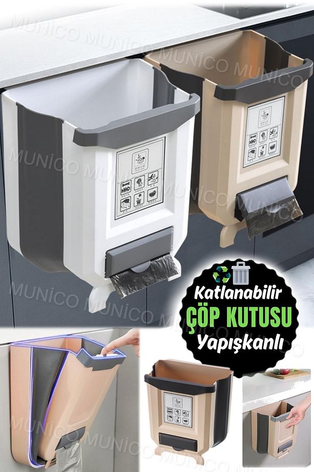 Çöp Poşeti Hazneli Tezgah Dolap Çalışma Masası Duvara Pratik Montaj Çöp Kutusu Kovası Katlanabilir - 1